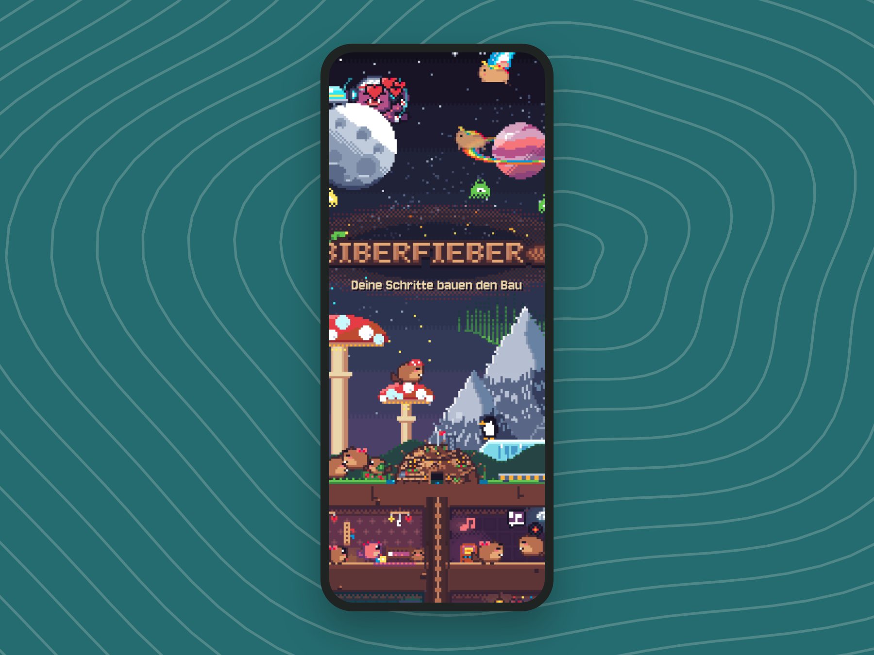 Titelbild von Biberfieber auf einem Handy: Mond, Einhornplanet, Pilzwald und Frostfjord über dem Biberbau