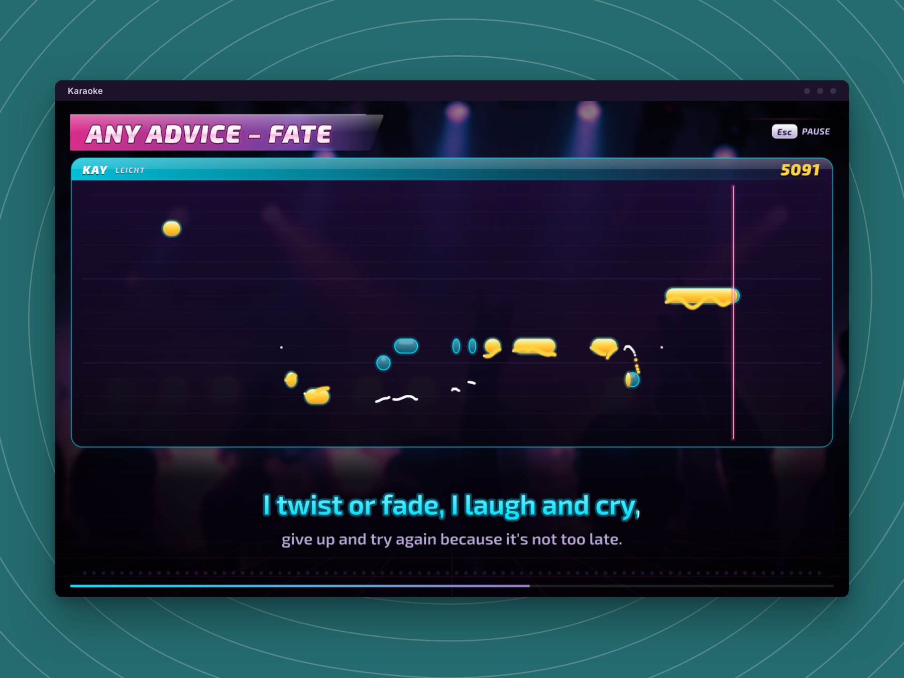 Singen mit dem Song „Fate“ von Any Advice: golden getroffene Töne, daneben weiße Linien, wo die Stimme zu tief lag, darunter der mitlaufende Text