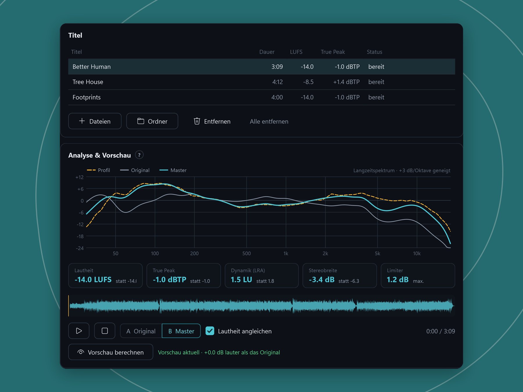 Seite Mastering mit drei Songs, Spektrum der Analyse und Zielvorgabe Streaming