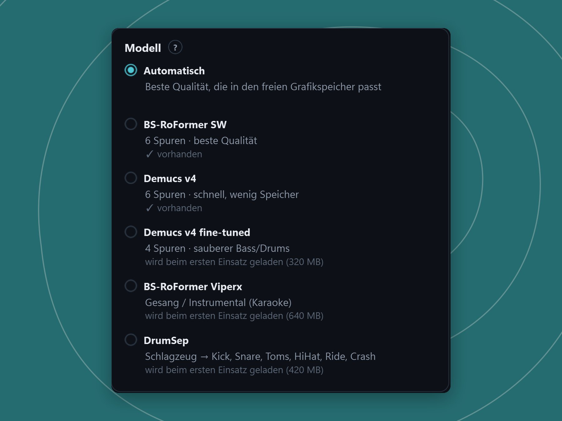 Modellauswahl beim Stems-Extrahieren: Automatisch, BS-RoFormer, Demucs und DrumSep